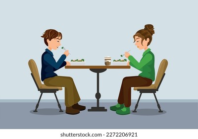 Dinner date illustration vector. A couple in a restaurant and eating salad.