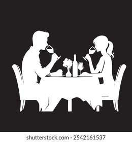 Jantar Data Um Casal Silhuetted Noite simples silhueta preta de um casal jantar em um restaurante. O casal está sentado em uma mesa redonda com uma toalha de mesa
