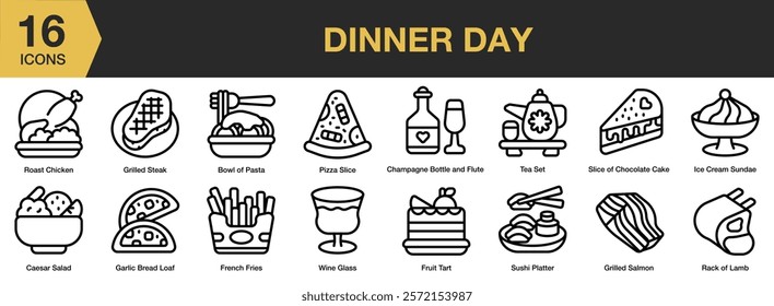 Dinner Day icon set. Includes dinner, celebration, table, food, day, couple, and More. Outline icons vector collection.