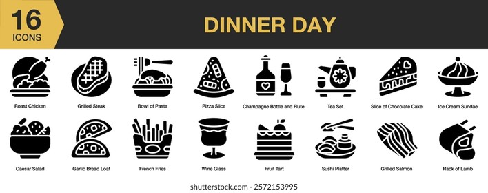 Dinner Day solid icon set. Includes dinner, celebration, table, food, day, couple, and More. Solid icons vector collection.