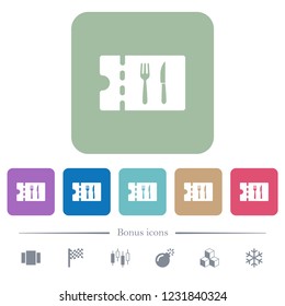 Dinner discount coupon white flat icons on color rounded square backgrounds. 6 bonus icons included