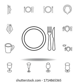 Dinner dish, fork, knife icon. Set can be used for web, logo, mobile app, UI, UX on white background