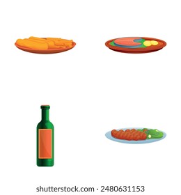 Dinner dish icons set cartoon vector. Various dish and bottle of wine. Cooking, food concept