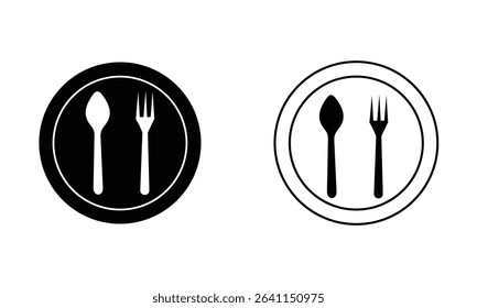Dinner dish or plate with spoon and fork sign vector icon. Ceramic, glass plate symbol. Fork and spoon icon. Spoon, forks, knife, plate icon. Plate vector icon.