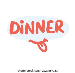 Dinner dog command. Doodle modern lettering. Simple word on white background. Essential dog training command, colourful ink phrase. Vector illustration. Eating habits training.