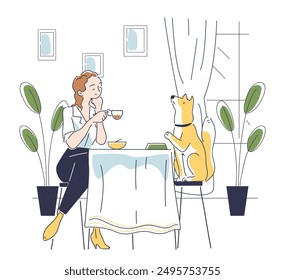 Cena con perro. Mujer con taza de bebida caliente sentado en la mesa con la mascota. Propietaria con cachorro en la cocina. Descanso y ocio en el interior. Ilustración vectorial lineal aislada sobre fondo blanco