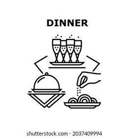 Dinner Enjoyment Vector Icon Concept. Dinner Enjoyment Client In Restaurant, Drinking Champagne Alcoholic Drink And Eating Delicious Dish Food. Aperitif Meal Served Black Illustration