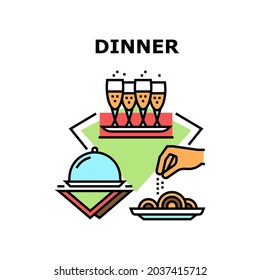 Dinner Enjoyment Vector Icon Concept. Dinner Enjoyment Client In Restaurant, Drinking Champagne Alcoholic Drink And Eating Delicious Dish Food. Aperitif Meal Served Color Illustration