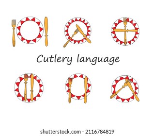Dinner etiquette. The language of cutlery. Forks and knife on a plate, signs. Vector illustrations for teaching etiquette, for book illustrations, for printing, for a restaurant.