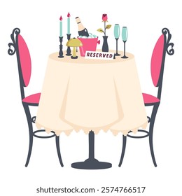 Dinner event. Reserved tables for two. Romantic Dinner at Restaurant. Vintage table and chairs. Table with tablecloth, cutlery, glasses, champagne, flowers, lamp, candles. Vector flat illustration