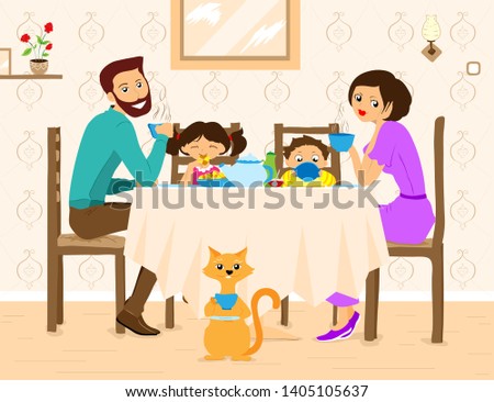 Dinner of family at home with drinking tea