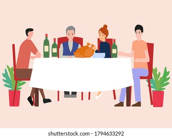 Dinner with the family and live communication, vector graphics