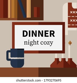 Dinner feast template invitation in flat icon style. Flat graphics for social media post, menu, logotype, party invitation, home gathering, restaurant,  celebration, blog banner, ads, template EPS 10