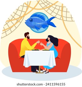 Abendessen mit Fischfutter, Vektorgrafik. Paare Mann Charakter, die im Restaurant essen, flache junge Leute in asiatischen Café. japanische Küche Design, gesunde frische Meeresfrüchte.