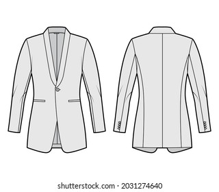 Dinner fitted jacket suit tuxedo technical fashion illustration with single breasted, long sleeves, jetted pockets. Flat coat blazer template front, back grey color style. Women, men unisex CAD mockup