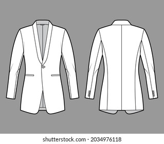 Cena con traje de chaqueta ajustada, ilustración de moda técnica de esmoquin con un solo pecho, mangas largas, bolsillos desechados. Estilo de color blanco, frontal y posterior de la plantilla de protección plana. Mujeres unisex CAD mockup