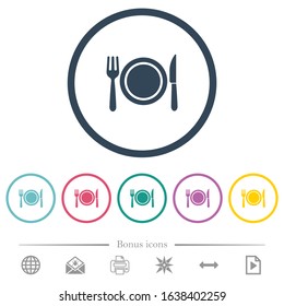 Dinner flat color icons in round outlines. 6 bonus icons included.