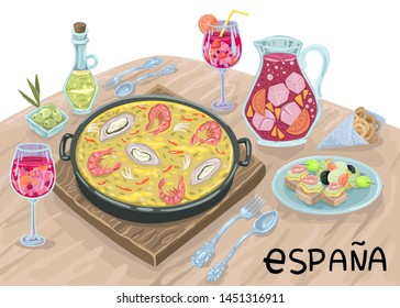 Dinner with friends, drink sangria and wine, eat paella, traditional spain table. Vector concept illustration in cartoon flat style.