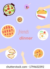 Dinner with friends, top view, vector graphics