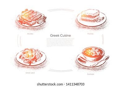 Dinner in Greece, musaka, pastitsio, greek salad and fasolada bowl, delicious meal, national food banner