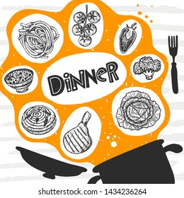 Dinner. Hand drawn lettering card. Quote sketch typography. Vector inscription slogan. Menu, restaurant, cafe, bar. Poster, banner, placard