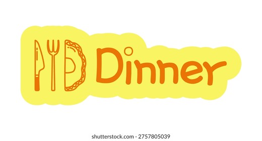 Dinner hand drawn line sticker illustration. Evening meal. Fork knife with plate. Dinnertime. Digital planning clip art in doodle style. Colorful planner icon label. Bullet journal die cut element