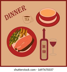 Dinner. Healthy food template. Soup. A bottle of wine. Grilled salmon steak on a plate with asparagus, baked potatoes and a glass of wine. Vector drawing.