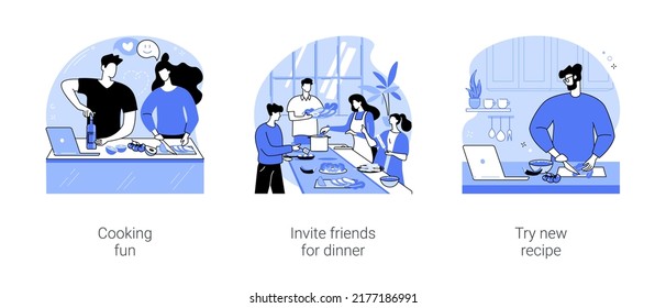 Dinner at home isolated cartoon vector illustrations set. Happy couple having fun cooking together, invite friends for dinner, diverse people in the kitchen, watch food recipe online vector cartoon.