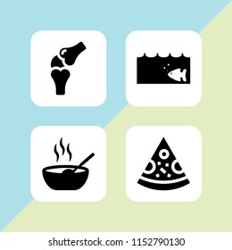 dinner icon. 4 dinner set with fish, bones, soup and pizza vector icons for web and mobile app