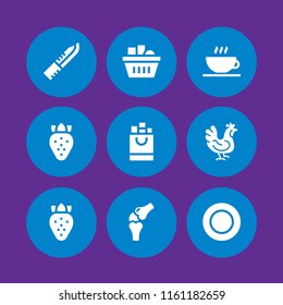 dinner icon. 9 dinner set with knife, chicken, plate and food and restaurant vector icons for web and mobile app