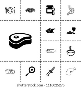 Dinner icon. collection of 13 dinner filled and outline icons such as baby food, chicken, pan, soup, plate fork and spoon, knife. editable dinner icons for web and mobile.