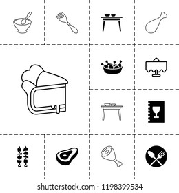 Dinner icon. collection of 13 dinner filled and outline icons such as beef, chicken leg, menu, restaurant table, kebab, porridge. editable dinner icons for web and mobile.