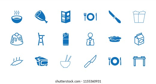 Dinner icon. collection of 18 dinner filled and outline icons such as burrito, pie, soup, menu, meat, take away food, waiter, knife. editable dinner icons for web and mobile.