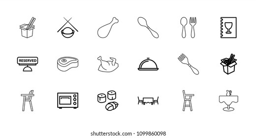Dinner icon. collection of 18 dinner outline icons such as noodles fast food, dish, menu, reserved, restaurant table, microwave. editable dinner icons for web and mobile.