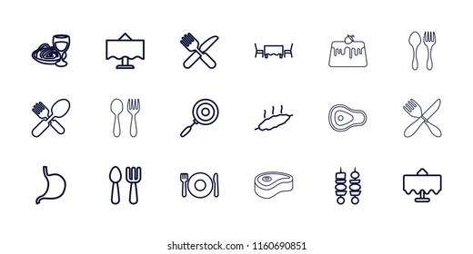Dinner icon. collection of 18 dinner outline icons such as plate fork and spoon, restaurant table, stomach, kebab, meat, pan, beef. editable dinner icons for web and mobile.