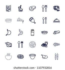 Dinner icon. collection of 25 dinner outline icons such as beef, spoon and fork, dish, fork and spoon, pizza, burrito, pie, stomach. editable dinner icons for web and mobile.