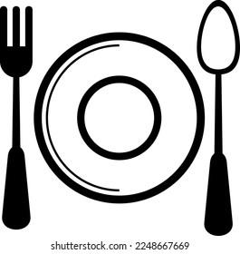 Dinner icon. Plate with spoon and fork top view