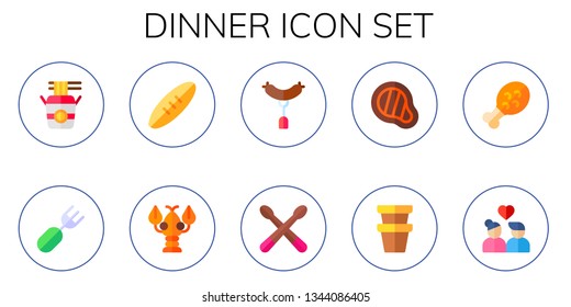 dinner icon set. 10 flat dinner icons.  Simple modern icons about  - noodles, fork, bread, lobster, sausage, drumsticks, meat, pot, chicken leg, couple