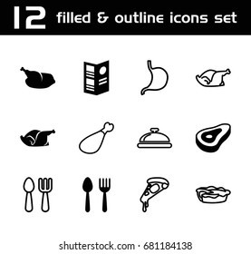 Dinner icon. set of 12 dinner filled and outline icons such as beef, spoon and fork, chicken, menu, dish, fork and spoon, pizza, pie, meat leg