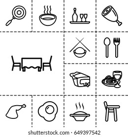 Dinner icon. set of 13 outline dinnericons such as pie, pasta and wine glass, meat leg, soup, wine bottle and glass, restaurant table, meat, pan, asian food, egg, baby chair
