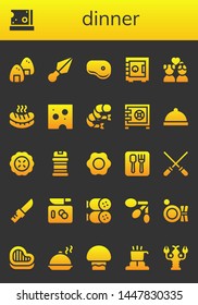 dinner icon set. 26 filled dinner icons.  Simple modern icons about  - Onigiri, Cheese, Kunai, Steak, Safebox, Couple, Sausage, Shrimp, Dinner, Pie, Condiments, Fried egg, Restaurant
