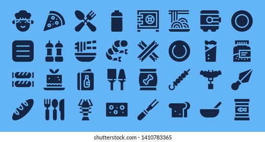 dinner icon set. 32 filled dinner icons. on blue background style Collection Of - Chef, Menu, Sausage, Bread, Pizza, Salt, Mousse, Cutlery, Noodle, Lobster, Bottle, Shrimp, Utensils