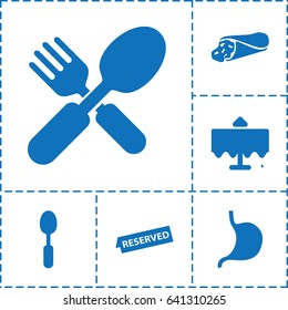 Dinner icon. set of 6 dinner filled icons such as restaurant table, wrap sandwich, fork and spoon, spoon, stomach