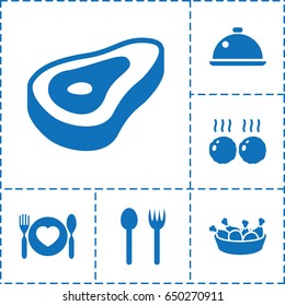 Dinner icon. set of 6 dinner filled icons such as beef, chicken leg, plate with spoon and fork, dish, meat