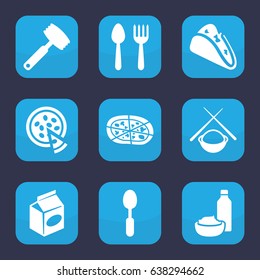 Dinner icon. set of 9 filled dinner icons such as spoon and fork, taco, pizza, drink and food, spoon, take away food, knife