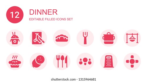 dinner icon set. Collection of 12 filled dinner icons included Rice, Chop, Bread, Fork, Pot, Pie, Sausage, Cutlery, Fried chicken, Grater, Cooking, Coffee table