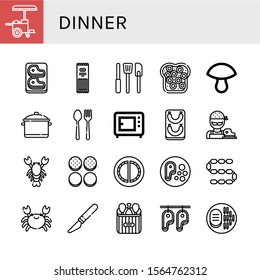 dinner icon set. Collection of Hot dog, Steak, Pasta, Kitchen tools, Caviar, Mushroom, Pot, Cutlery, Microwave, Sausage, Butcher, Lobster, Burger bun, Cheburek, Crab, Slice icons