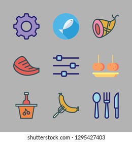 dinner icon set. vector set about fishes, croquette, sausage and wine icons set.