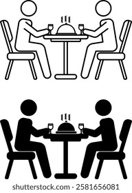 Dinner Icons. Black and White Vector Icons. Two People Eating Hot Dish and Drinking Wine. People Sitting at Table in Diner. Restaurant Concept