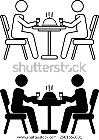 Dinner Icons. Black and White Vector Icons. Two People Eating Hot Dish and Drinking Wine. People Sitting at Table in Diner. Restaurant Concept
